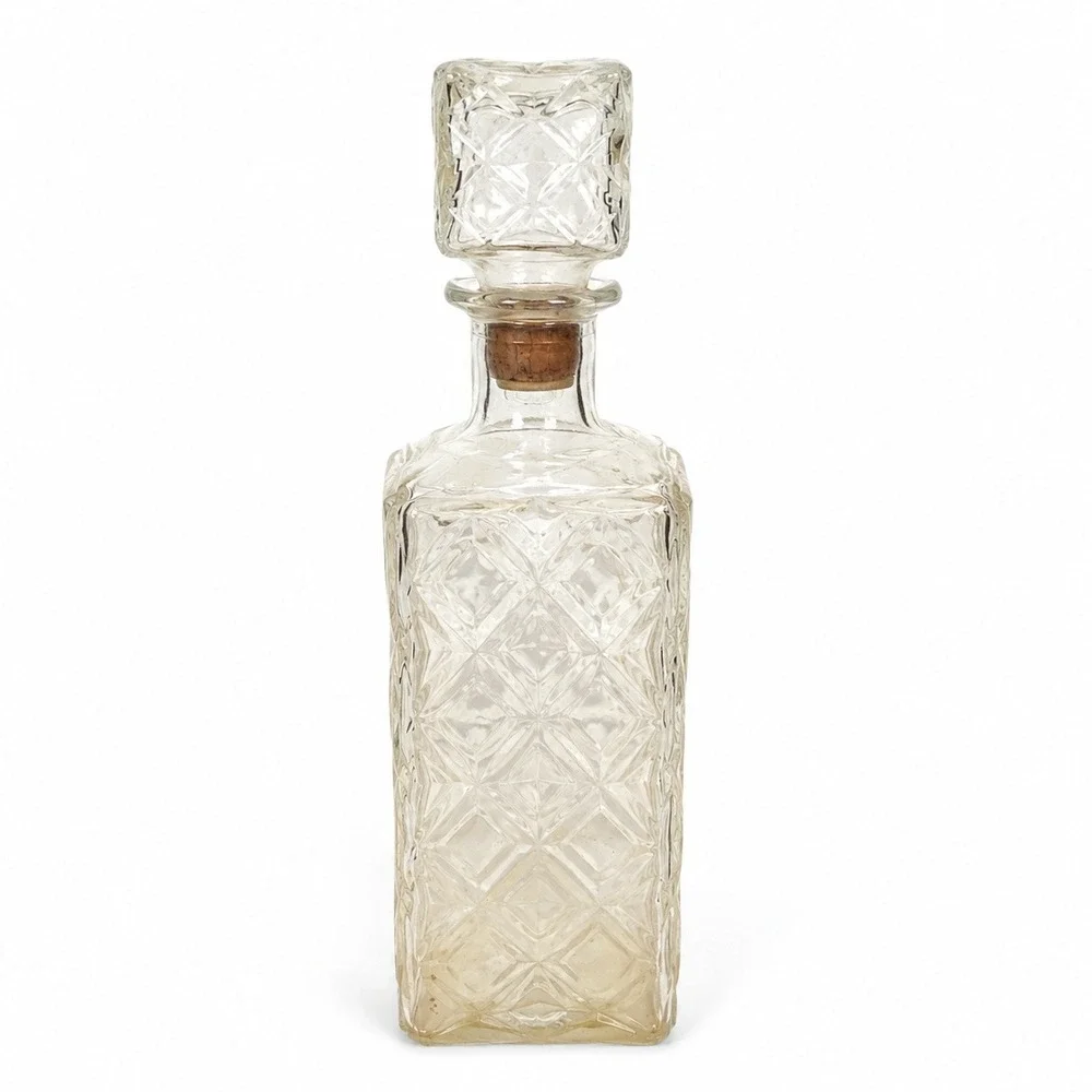 Thatcher Glass Whiskey Decanter 1962 Clear Diamond Cut Glass Vintage 12in Good